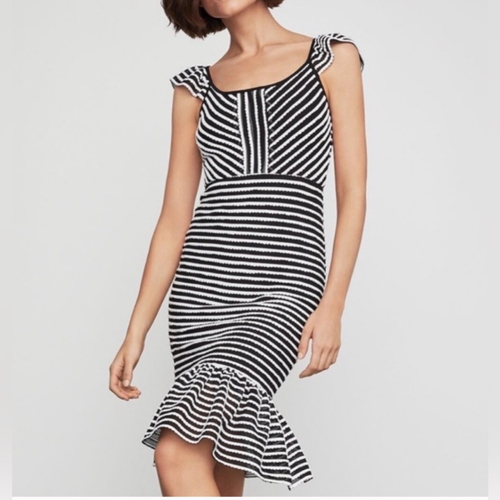 BCBGMAXAZRIA Striped Bodycon Flounced Dress‎ MIDI Black And White Size XXS NWT